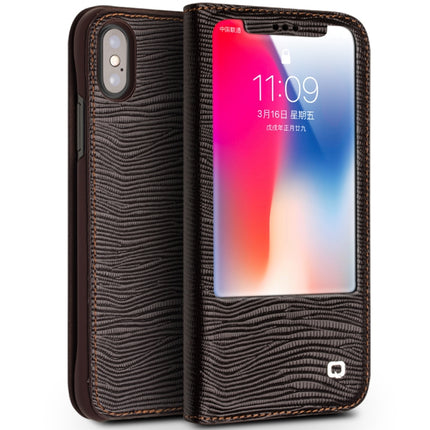 For iPhone XS / X QIALINO Lizard Texture Horizontal Flip Leather Case with Smart View Window & Sleep / Wake-up Function(Brown)-garmade.com