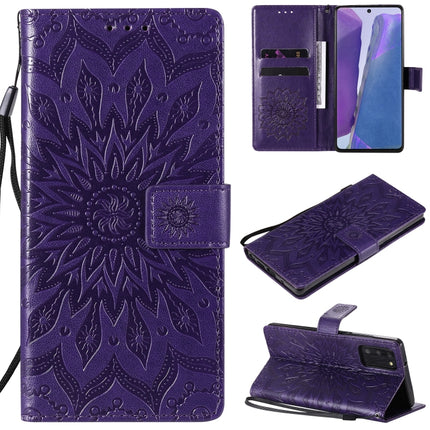 For Samsung Galaxy Note20 5G Sun Embossing Pattern Horizontal Flip Leather Case with Card Slot & Holder & Wallet & Lanyard(Purple)-garmade.com