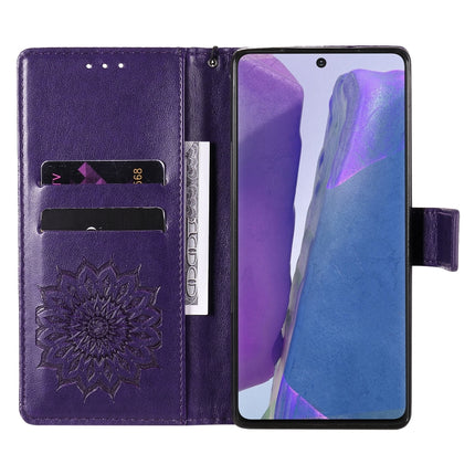 For Samsung Galaxy Note20 5G Sun Embossing Pattern Horizontal Flip Leather Case with Card Slot & Holder & Wallet & Lanyard(Purple)-garmade.com