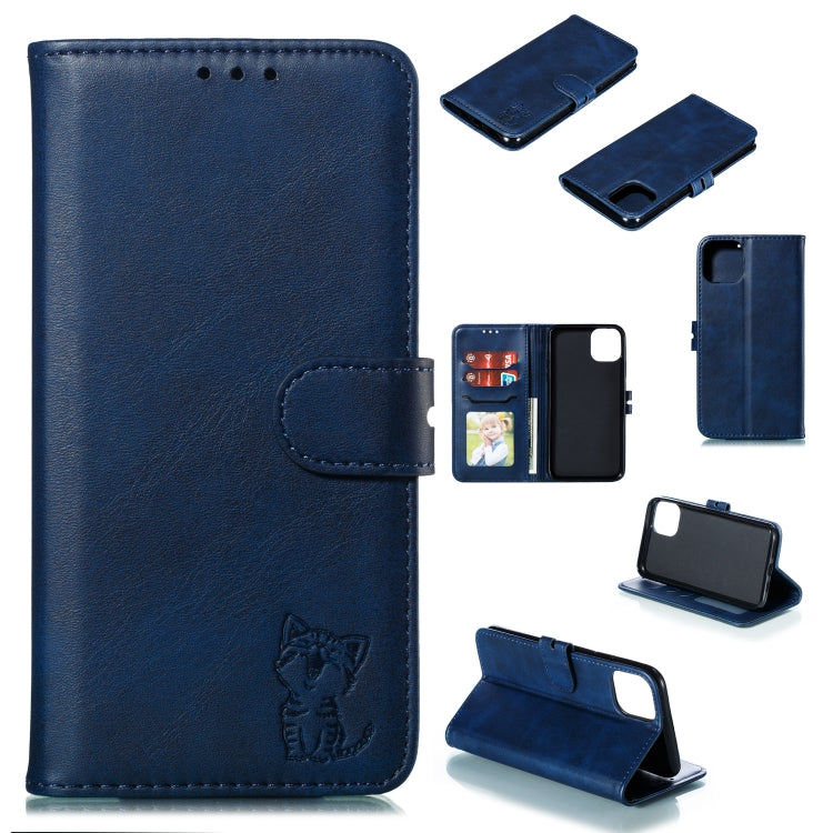 For iPhone 12 mini Embossed Happy Cat Pattern Horizontal Flip Leather Case with Holder & Card Slots & Wallet & Photo Frame(Blue)-garmade.com