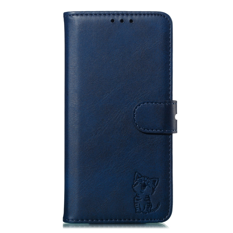 For iPhone 12 mini Embossed Happy Cat Pattern Horizontal Flip Leather Case with Holder & Card Slots & Wallet & Photo Frame(Blue)-garmade.com