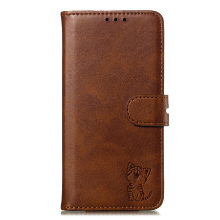 For iPhone 12 mini Embossed Happy Cat Pattern Horizontal Flip Leather Case with Holder & Card Slots & Wallet & Photo Frame(Brown)-garmade.com