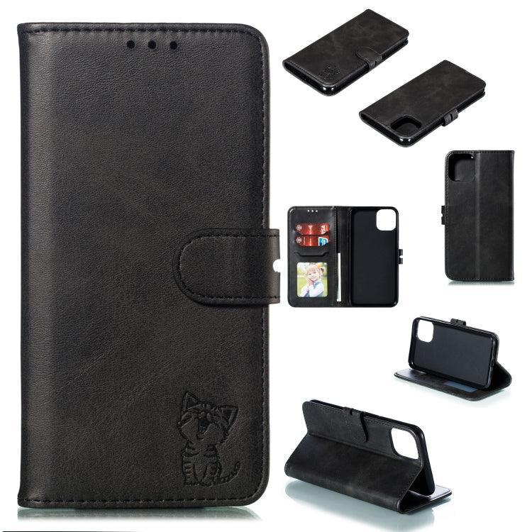 For iPhone 12 mini Embossed Happy Cat Pattern Horizontal Flip Leather Case with Holder & Card Slots & Wallet & Photo Frame(Black)-garmade.com