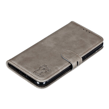For iPhone 12 / 12 Pro Embossed Happy Cat Pattern Horizontal Flip Leather Case with Holder & Card Slots & Wallet & Photo Frame(Grey)-garmade.com