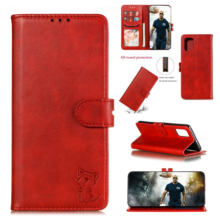 For Samsung Galaxy Note20 Embossed Happy Cat Pattern Horizontal Flip Leather Case with Holder & Card Slots & Wallet & Photo Frame(Red)-garmade.com