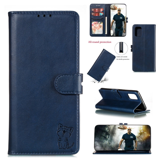 For Samsung Galaxy Note20 Embossed Happy Cat Pattern Horizontal Flip Leather Case with Holder & Card Slots & Wallet & Photo Frame(Blue)-garmade.com