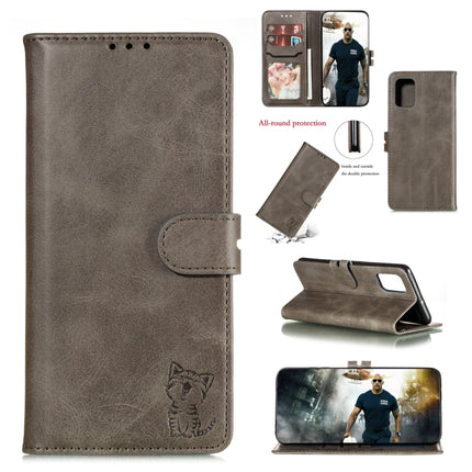 For Samsung Galaxy Note20 Embossed Happy Cat Pattern Horizontal Flip Leather Case with Holder & Card Slots & Wallet & Photo Frame(Grey)-garmade.com