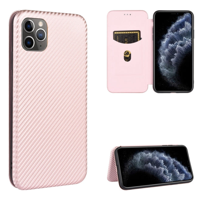 For iPhone 11 Pro Carbon Fiber Texture Magnetic Horizontal Flip TPU + PC + PU Leather Case with Card Slot(Pink)-garmade.com