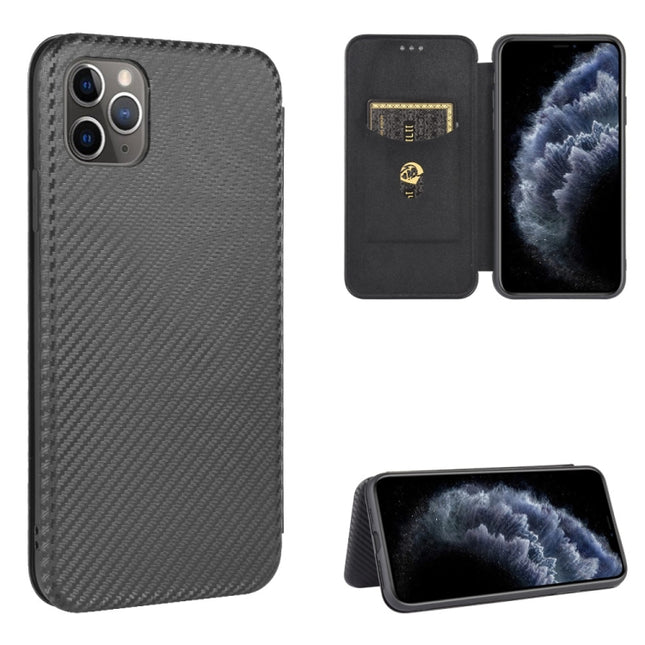 For iPhone 11 Pro Carbon Fiber Texture Magnetic Horizontal Flip TPU + PC + PU Leather Case with Card Slot(Black)-garmade.com