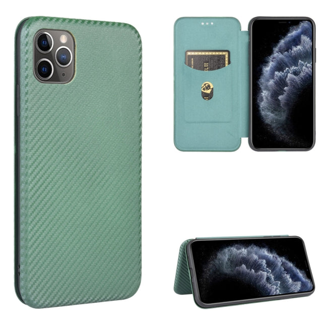 For iPhone 11 Pro Carbon Fiber Texture Magnetic Horizontal Flip TPU + PC + PU Leather Case with Card Slot(Green)-garmade.com