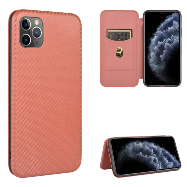 For iPhone 11 Pro Max Carbon Fiber Texture Magnetic Horizontal Flip TPU + PC + PU Leather Case with Card Slot(Brown)-garmade.com