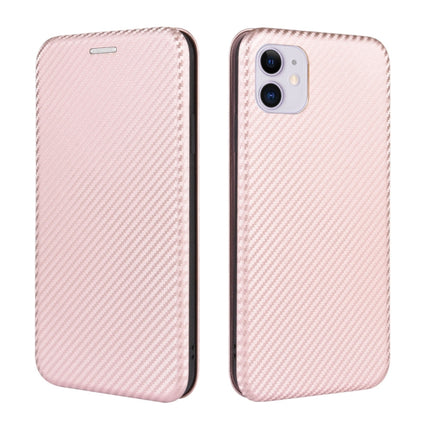 For iPhone 11 Carbon Fiber Texture Magnetic Horizontal Flip TPU + PC + PU Leather Case with Card Slot(Pink)-garmade.com