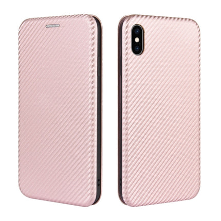 For iPhone XS Max Carbon Fiber Texture Magnetic Horizontal Flip TPU + PC + PU Leather Case with Card Slot(Pink)-garmade.com