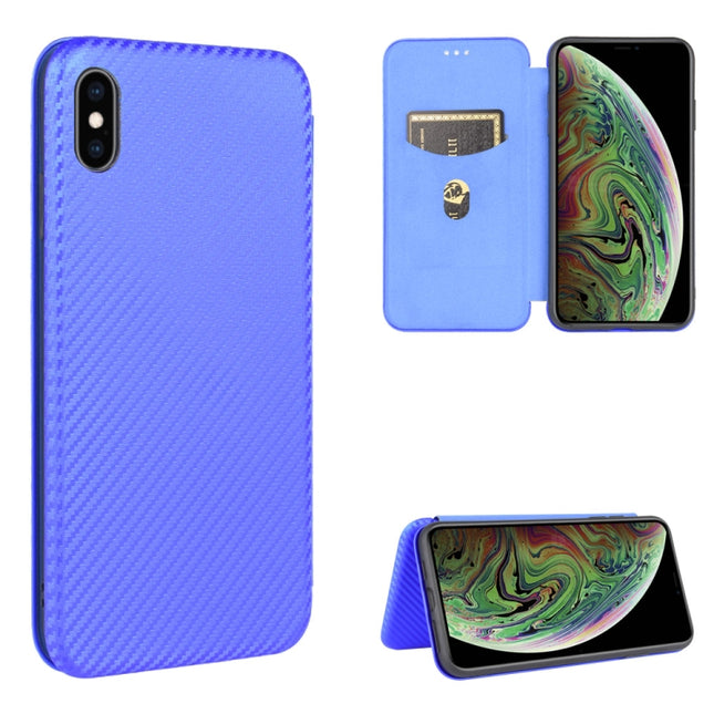 For iPhone XS Max Carbon Fiber Texture Magnetic Horizontal Flip TPU + PC + PU Leather Case with Card Slot(Blue)-garmade.com