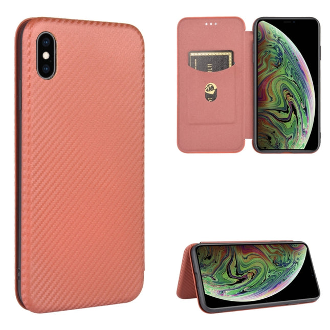 For iPhone XS Max Carbon Fiber Texture Magnetic Horizontal Flip TPU + PC + PU Leather Case with Card Slot(Brown)-garmade.com
