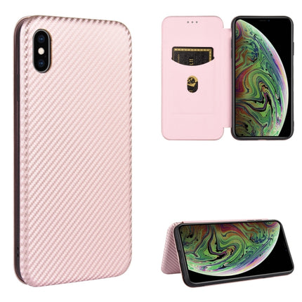 For iPhone X / XS Carbon Fiber Texture Magnetic Horizontal Flip TPU + PC + PU Leather Case with Card Slot(Pink)-garmade.com
