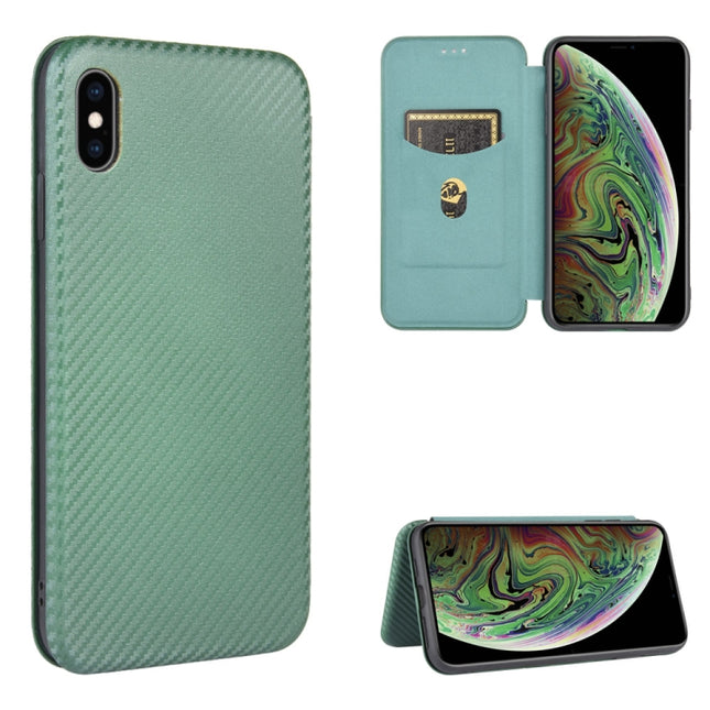 For iPhone X / XS Carbon Fiber Texture Magnetic Horizontal Flip TPU + PC + PU Leather Case with Card Slot(Green)-garmade.com