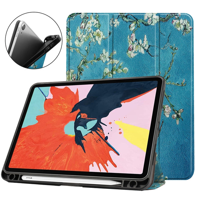For iPad Air 2022 / 2020 10.9 TPU Colored Drawing Horizontal Flip Leather Case with Three-folding Holder & Sleep / Wake-up Function(Apricot Flower)-garmade.com