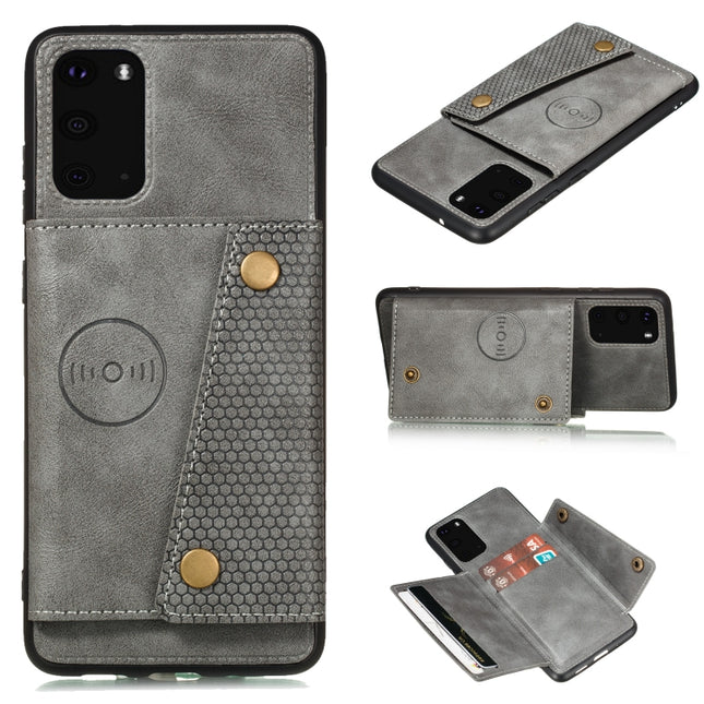 For Samsung Galaxy Note 20 Double Buckle PU + TPU Shockproof Magnetic Protective Case with Card Slot & Holder(Grey)-garmade.com