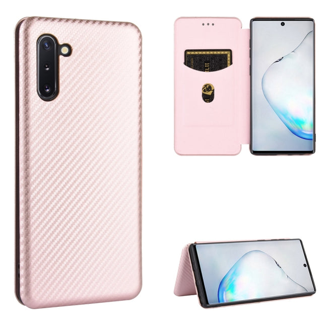 For Samsung Galaxy Note10 Carbon Fiber Texture Horizontal Flip TPU + PC + PU Leather Case with Card Slot(Pink)-garmade.com