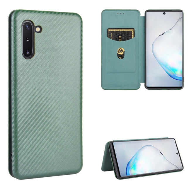 For Samsung Galaxy Note10 Carbon Fiber Texture Horizontal Flip TPU + PC + PU Leather Case with Card Slot(Green)-garmade.com