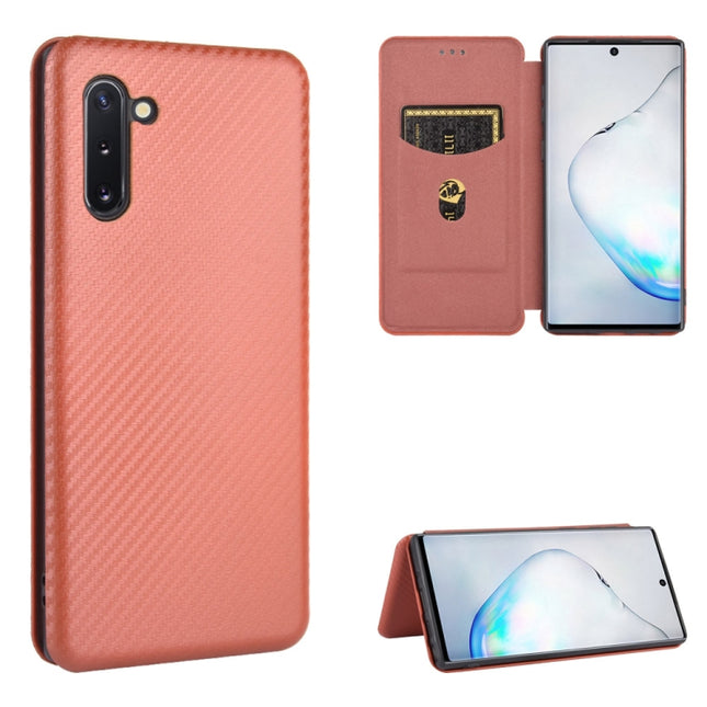 For Samsung Galaxy Note10 Carbon Fiber Texture Horizontal Flip TPU + PC + PU Leather Case with Card Slot(Brown)-garmade.com