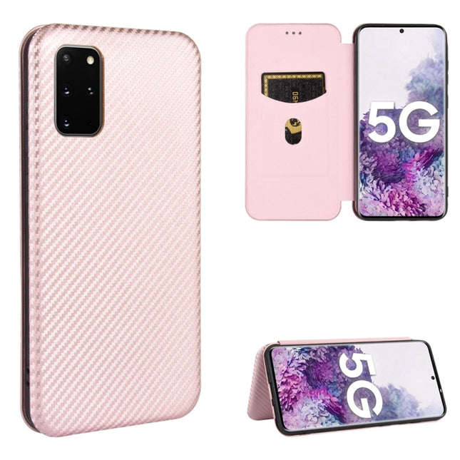 For Samsung Galaxy S20 Plus Carbon Fiber Texture Horizontal Flip TPU + PC + PU Leather Case with Rope & Card Slot(Pink)-garmade.com