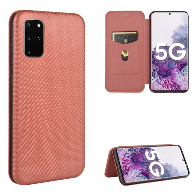 For Samsung Galaxy S20 Plus Carbon Fiber Texture Horizontal Flip TPU + PC + PU Leather Case with Rope & Card Slot(Brown)-garmade.com