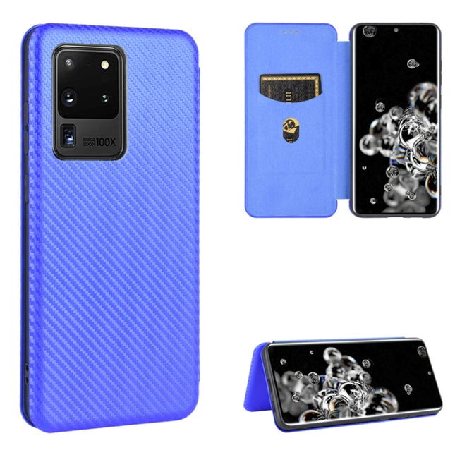 For Samsung Galaxy S20 Ultra Carbon Fiber Texture Horizontal Flip TPU + PC + PU Leather Case with Rope & Card Slot(Blue)-garmade.com