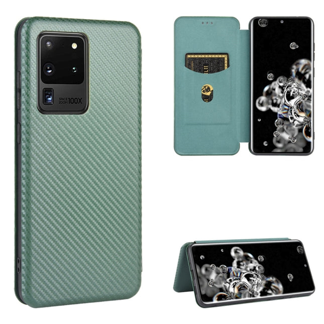 For Samsung Galaxy S20 Ultra Carbon Fiber Texture Horizontal Flip TPU + PC + PU Leather Case with Rope & Card Slot(Green)-garmade.com