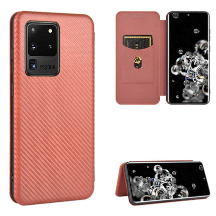 For Samsung Galaxy S20 Ultra Carbon Fiber Texture Horizontal Flip TPU + PC + PU Leather Case with Rope & Card Slot(Brown)-garmade.com
