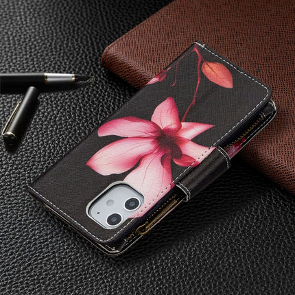 For iPhone 12 mini Colored Drawing Pattern Zipper Horizontal Flip Leather Case with Holder & Card Slots & Wallet(Lotus)-garmade.com