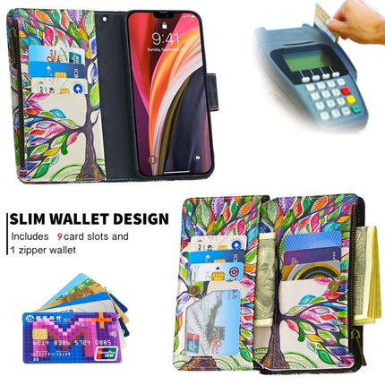 For iPhone 12 mini Colored Drawing Pattern Zipper Horizontal Flip Leather Case with Holder & Card Slots & Wallet(Tree)-garmade.com