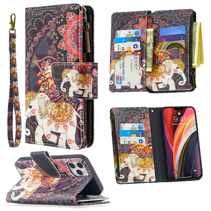 For iPhone 12 / 12 Pro Colored Drawing Pattern Zipper Horizontal Flip Leather Case with Holder & Card Slots & Wallet(Flower Elephants)-garmade.com