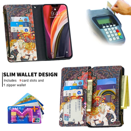 For iPhone 12 / 12 Pro Colored Drawing Pattern Zipper Horizontal Flip Leather Case with Holder & Card Slots & Wallet(Flower Elephants)-garmade.com