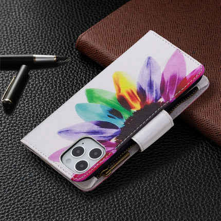 For iPhone 12 / 12 Pro Colored Drawing Pattern Zipper Horizontal Flip Leather Case with Holder & Card Slots & Wallet(Sun Flower)-garmade.com
