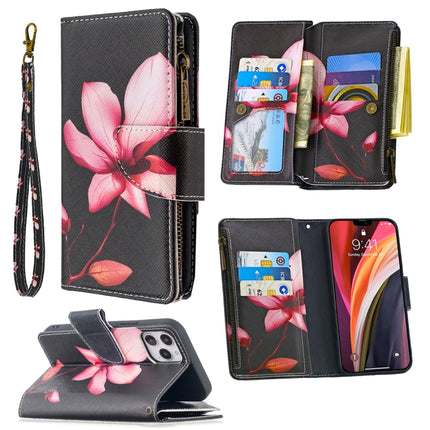 For iPhone 12 / 12 Pro Colored Drawing Pattern Zipper Horizontal Flip Leather Case with Holder & Card Slots & Wallet(Lotus)-garmade.com