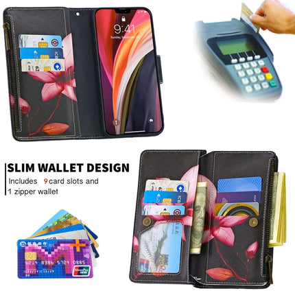 For iPhone 12 / 12 Pro Colored Drawing Pattern Zipper Horizontal Flip Leather Case with Holder & Card Slots & Wallet(Lotus)-garmade.com