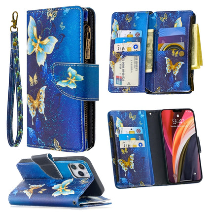 For iPhone 12 / 12 Pro Colored Drawing Pattern Zipper Horizontal Flip Leather Case with Holder & Card Slots & Wallet(Gold Butterfly)-garmade.com