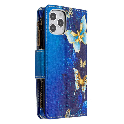 For iPhone 12 / 12 Pro Colored Drawing Pattern Zipper Horizontal Flip Leather Case with Holder & Card Slots & Wallet(Gold Butterfly)-garmade.com