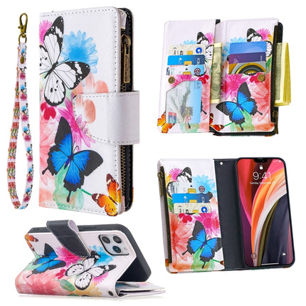 For iPhone 12 / 12 Pro Colored Drawing Pattern Zipper Horizontal Flip Leather Case with Holder & Card Slots & Wallet(Two Butterflies)-garmade.com