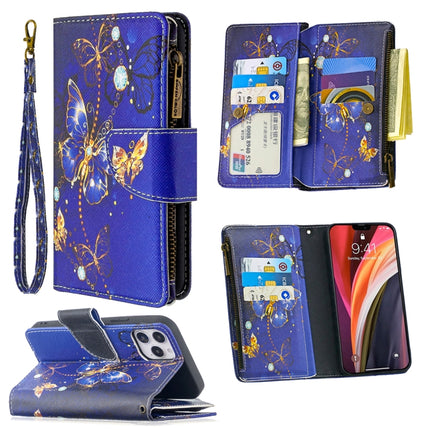 For iPhone 12 / 12 Pro Colored Drawing Pattern Zipper Horizontal Flip Leather Case with Holder & Card Slots & Wallet(Purple Butterfly)-garmade.com
