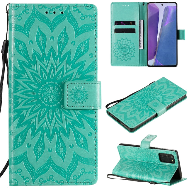 For Samsung Galaxy Note20 Embossed Sunflower Pattern Horizontal Flip PU Leather Case with Holder & Card Slots & Wallet & Lanyard(Green)-garmade.com