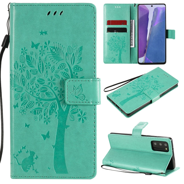 For Samsung Galaxy Note20 Tree & Cat Pattern Pressed Printing Horizontal Flip PU Leather Case with Holder & Card Slots & Wallet & Lanyard(Green)-garmade.com