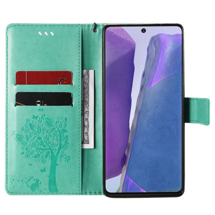 For Samsung Galaxy Note20 Tree & Cat Pattern Pressed Printing Horizontal Flip PU Leather Case with Holder & Card Slots & Wallet & Lanyard(Green)-garmade.com