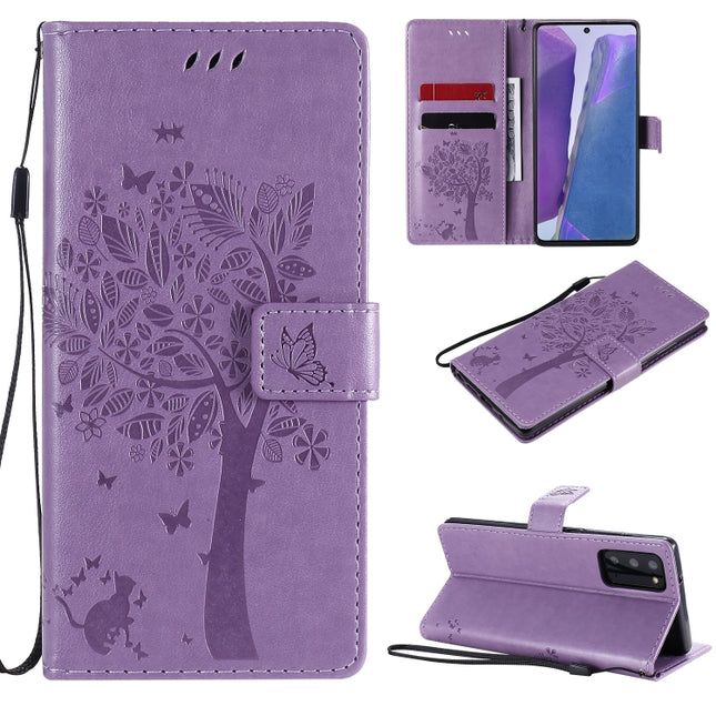 For Samsung Galaxy Note20 Tree & Cat Pattern Pressed Printing Horizontal Flip PU Leather Case with Holder & Card Slots & Wallet & Lanyard(Light Purple)-garmade.com
