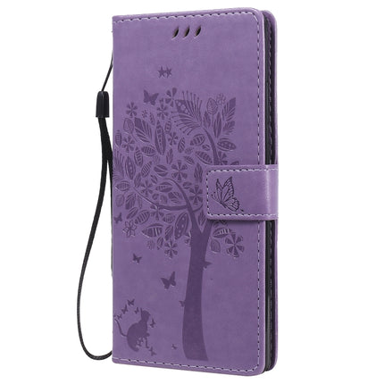 For Samsung Galaxy Note20 Tree & Cat Pattern Pressed Printing Horizontal Flip PU Leather Case with Holder & Card Slots & Wallet & Lanyard(Light Purple)-garmade.com