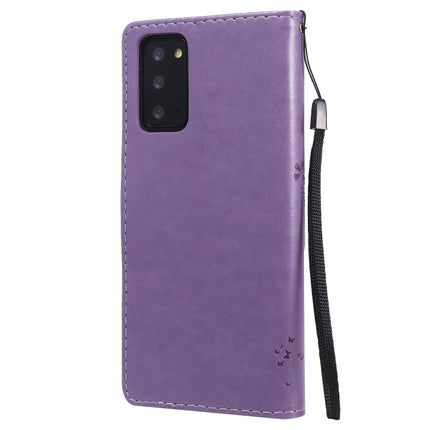 For Samsung Galaxy Note20 Tree & Cat Pattern Pressed Printing Horizontal Flip PU Leather Case with Holder & Card Slots & Wallet & Lanyard(Light Purple)-garmade.com