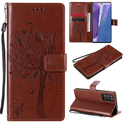 For Samsung Galaxy Note20 Tree & Cat Pattern Pressed Printing Horizontal Flip PU Leather Case with Holder & Card Slots & Wallet & Lanyard(Coffee)-garmade.com