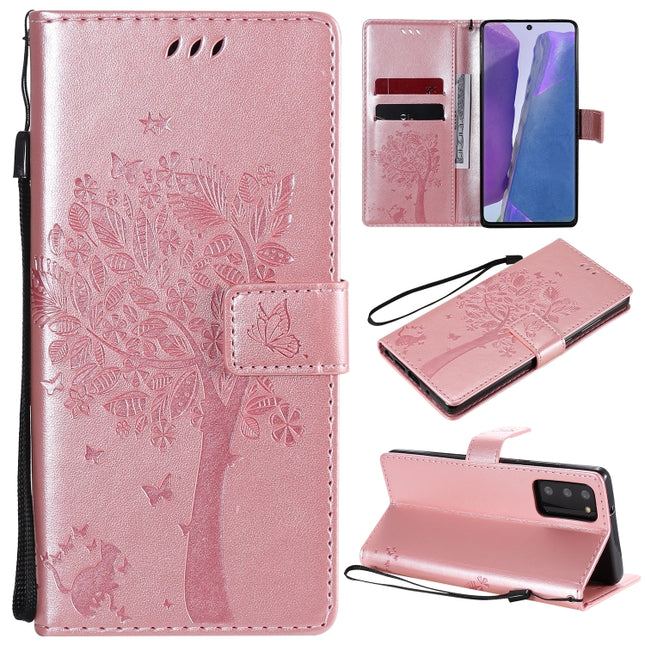 For Samsung Galaxy Note20 Tree & Cat Pattern Pressed Printing Horizontal Flip PU Leather Case with Holder & Card Slots & Wallet & Lanyard(Rose Gold)-garmade.com